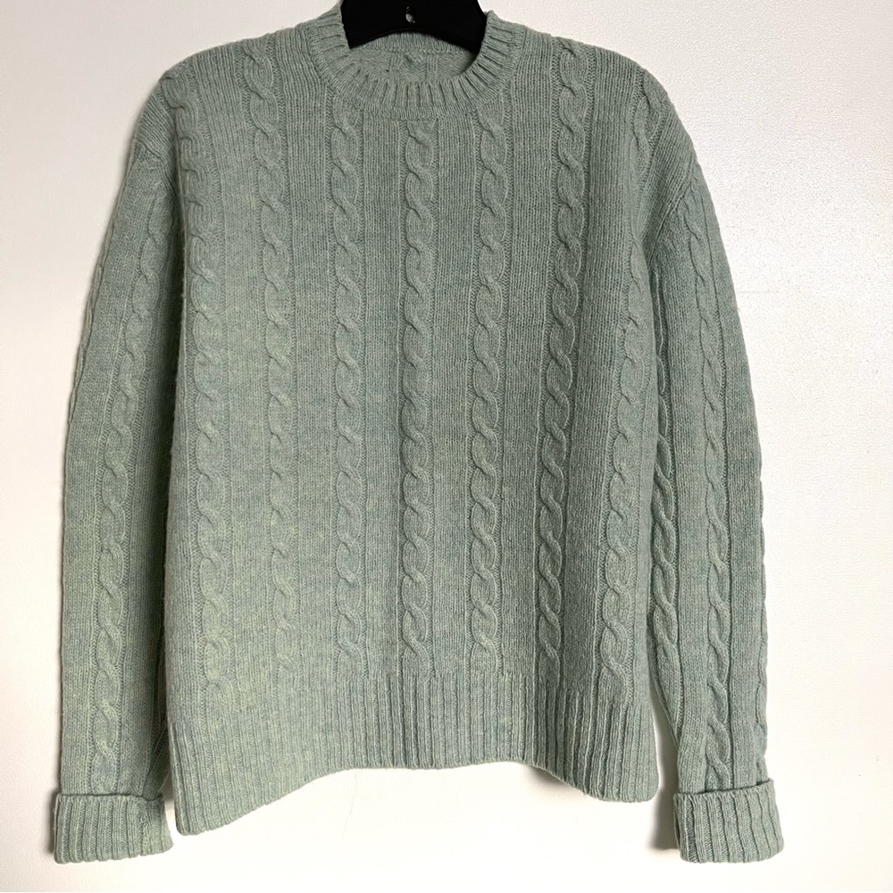 Wool blend pale turquoise cable knit sweater